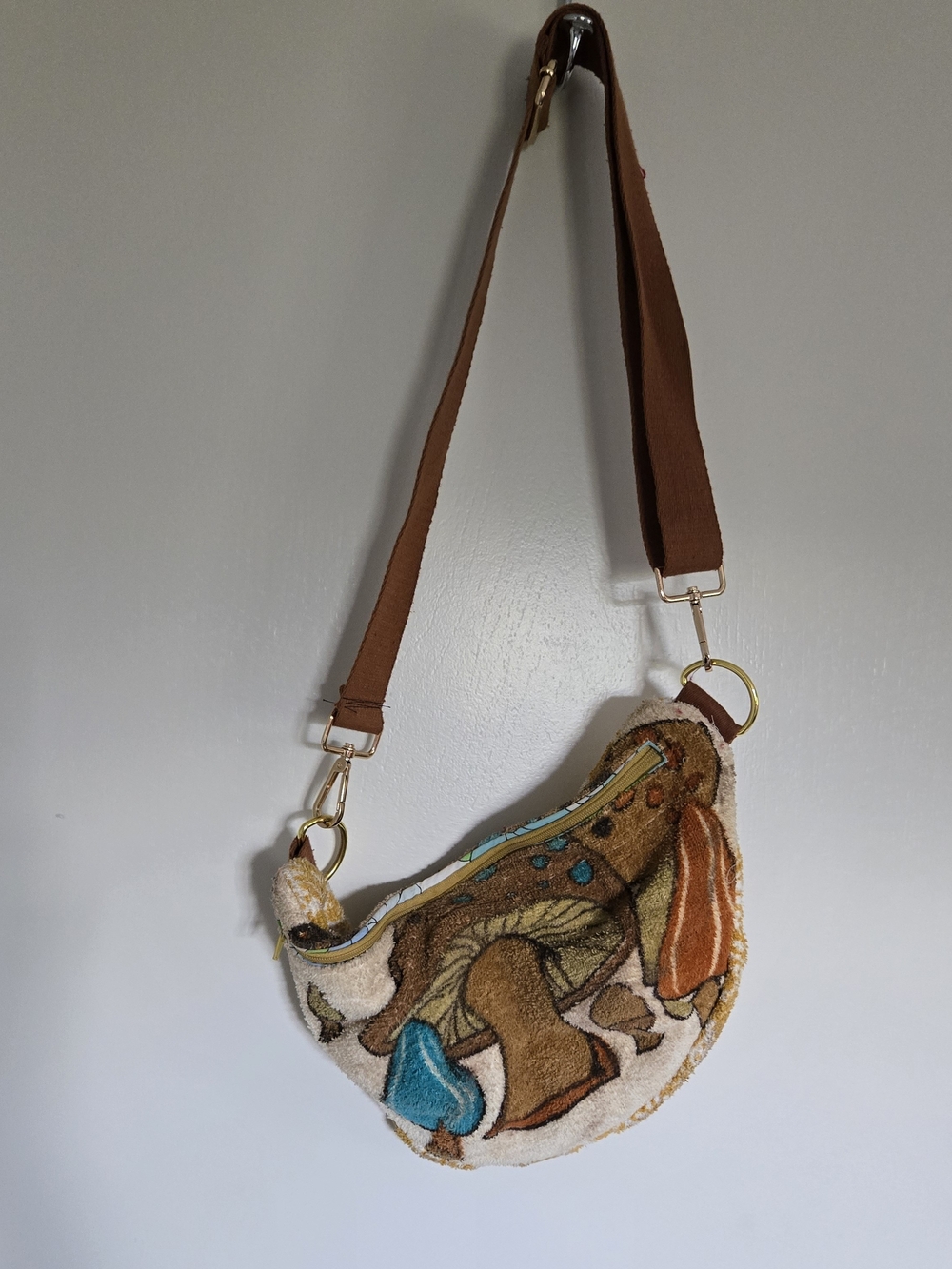 Brown Mushroom-Print Crossbody Bag